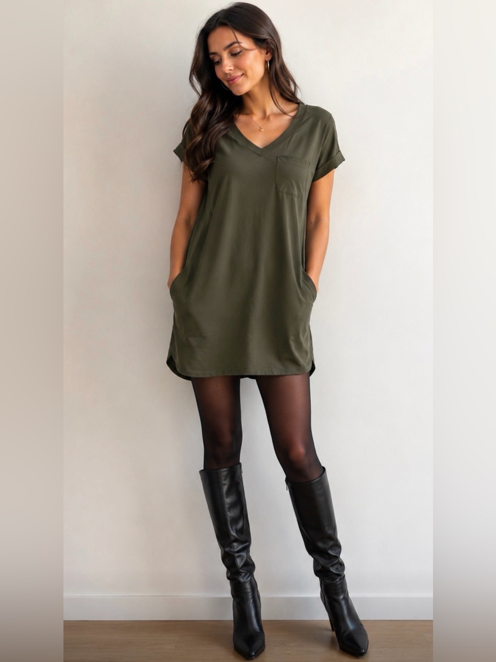 Women’s V-Neck Short Sleeve Pocket tunic/mini dress -Olive Green